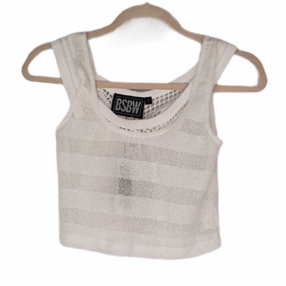 LF BSBW White Woven Knit Sleeveless Crop Top with Fish Net Small MSRP $108 NEW
